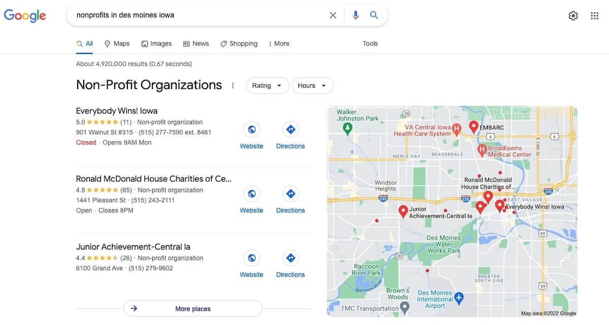 Screenshot of Google search results for "nonprofits in des moines iowa"