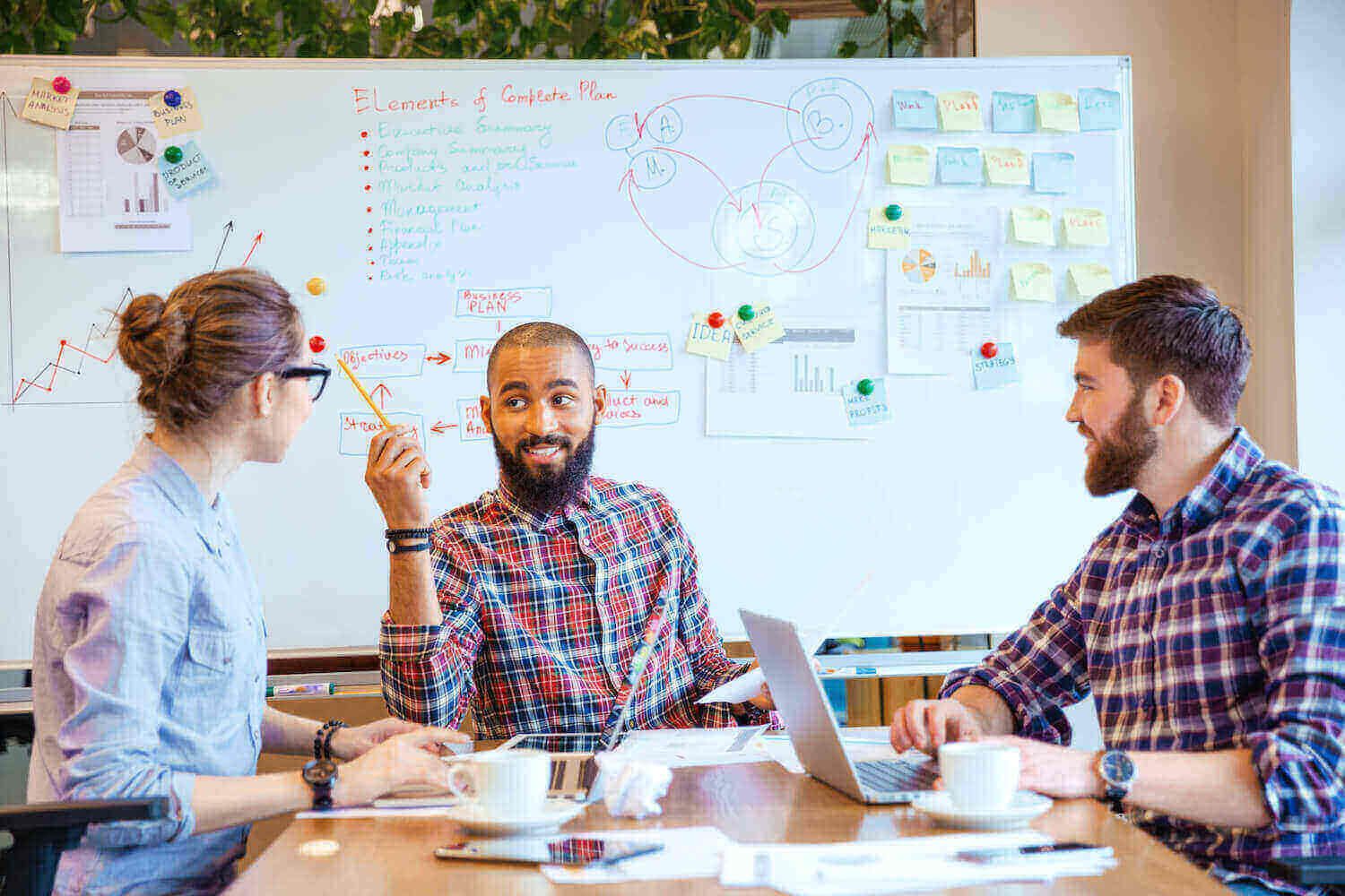 Coworkers brainstorming nonprofit annual report