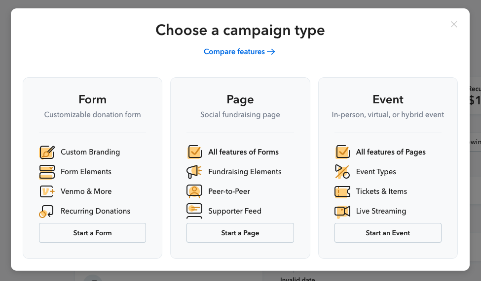 Choose a campaign type: Form, Page, Event