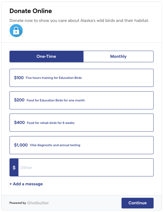 An example nonprofit donation page from Bird TLC