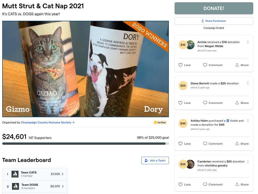 Champaign County Humane Society's fundraising page on Givebutter