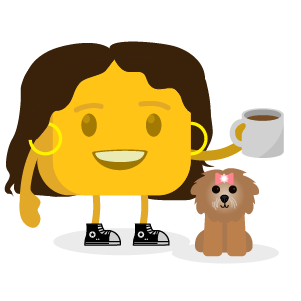 Kristin's buttermoji holding a cup of coffee with her dog beside her