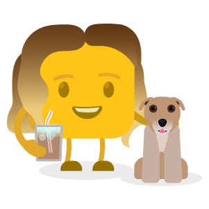 Hayley's buttermoji holding a cup of iced coffee with her dog besides her