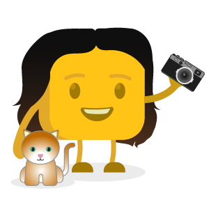 Kari's buttermoji holding a camera with her cat