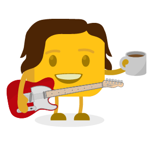 Daniel's buttermoji holding an electric guitar and a cup of coffee