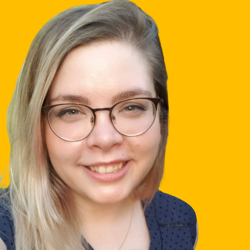 Becca's headshot against a yellow background