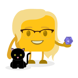 Becca's buttermoji holding a D20 dice with their black cat 