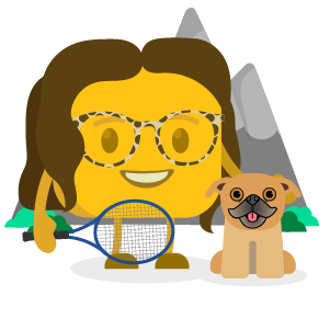 Elaine's buttermoji with her dog holding a tennis racket