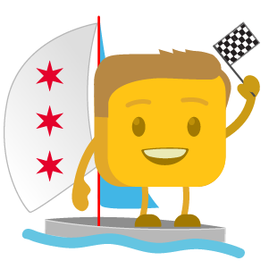 David's Buttermoji on a boat holding a racing flag